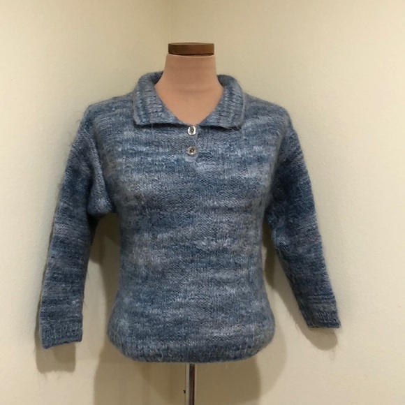 Vintage Collared Sweater Size Small Fuzzy Blue Space Dye - Picture 2 of 8